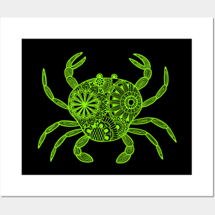 Mandala Crab (green and black inverted) Posters and Art